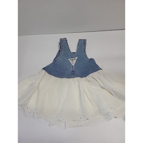 Vtg Osh Kosh Eyelet Lace Bib Overall Denim Dress 9 Months White Blue Cottagecore - Picture 12 of 13